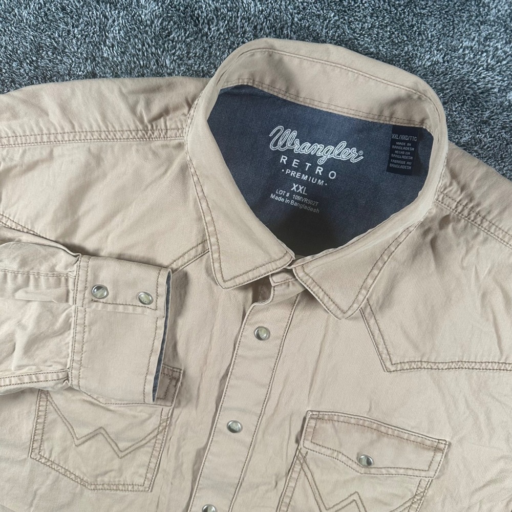 Wrangler Retro Premium Shirt Mens XXL Tan Khaki Twill Pearl Snap Western Cowboy